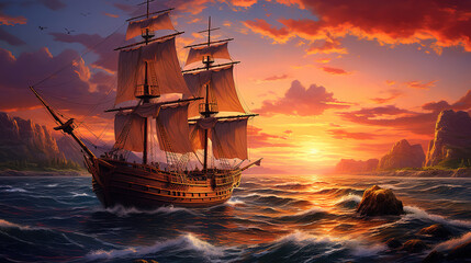 Obraz premium Old ship in sea sunset, Bright color. Generative Ai