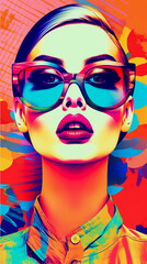 Digital collage art with vibrant and energetic portrait of a woman with amazing makeup, Generative AI