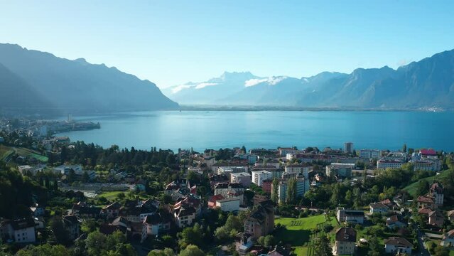 Aerial flight over Montreux City. View to Lake of Geneva and Swiss mountains. Alps Switzerland.Type 3