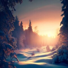 Beautiful evening landscape in a Swedish winter forest
