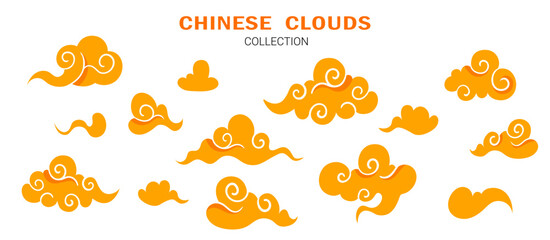 Chinese traditional clouds in golden color. Korean and japanese cloudy set. Collection in cartoon style. Vector isolated illustration
