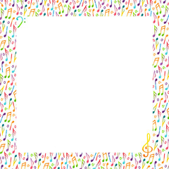 A frame of watercolor isolated illustrations of notes, treble clef, bass clef in rainbow colors 