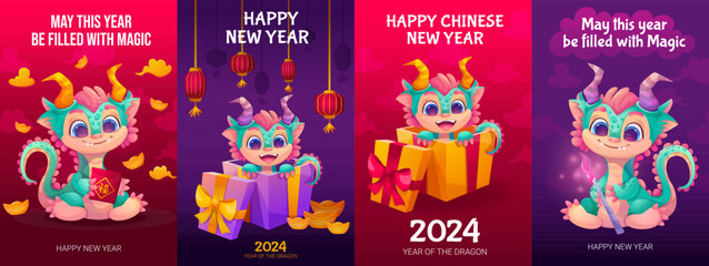 Fototapeta premium Set of cards with cute dragons for Chinese New Year 2024, baby dinosaurs, golden elements, clouds, red envelope, gift box. Colourful flyers for printing, template, children vector illustration
