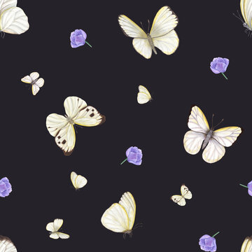 Charming flying white butterflies and blooming blue anemone flowers. Illustration isolated on black background. Cabbage butterfly. Watercolor seamless pattern. Simple design for prints, fabric, scrap