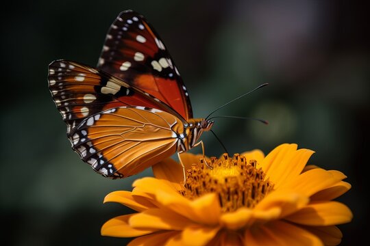 Illustration of a close-up view of a colorful butterfly perched on a vibrant flower, created using generative AI