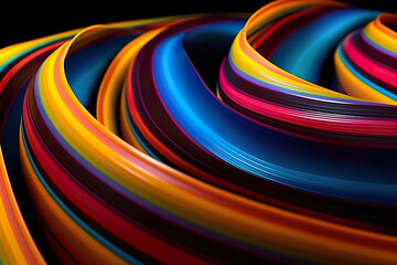 Plastic ribbon in rainbow colors on black background. Abstract rainbow stripes in fun and colorful theme. Rainbow ribbon on black. Realistic 3D illustration. Generative AI