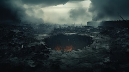 Fototapeta premium post-apocalyptic landscape with huge hole in a ground and moody sky, ai tools generated image