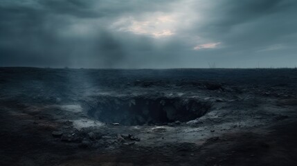 post-apocalyptic landscape with huge hole in a ground and moody sky, ai tools generated image - obrazy, fototapety, plakaty