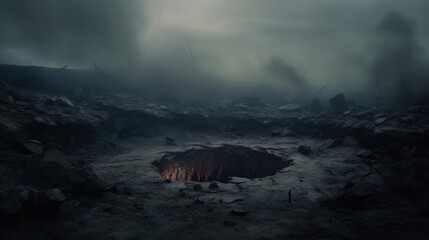 post-Apocalypse landscape with huge hole in a ground and moody sky, ai tools generated image - obrazy, fototapety, plakaty