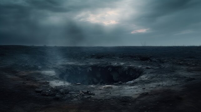 post-apocalyptic landscape with huge hole in a ground and moody sky, ai tools generated image