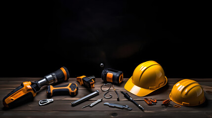 drill, helmet, hammer and construction tools on black wooden bac