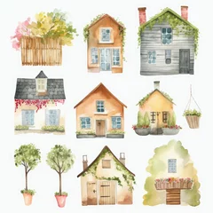 Set of house and tree style watercolor painting with margins Created with Generative AI technology. © Sakrapee Nopparat