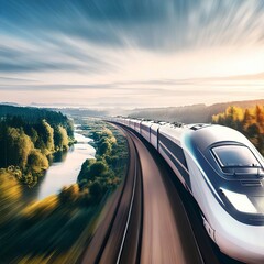 high-speed train driving through a beautiful landscape with a river and a forest