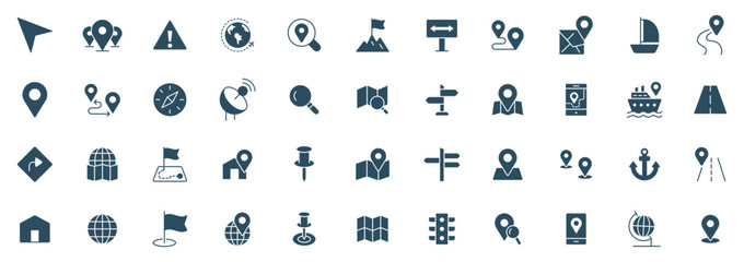 Navigation Line Icons vector. symbol of map location, Route, Marker, road trip and navigate icons solid illustration