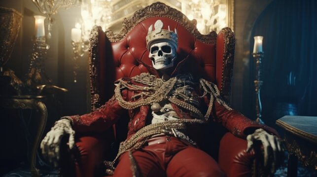 The dead king on the throne in an abandoned hall, ai tools generated image