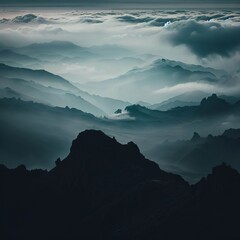 Mesmerizing view of the rocky landscapes covered with clouds captured from a peak