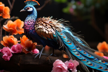 Obraz premium Beautiful colorful peacock with multicolored bright feathers in a blooming garden
