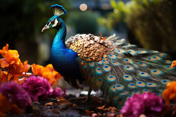 Fototapeta premium Beautiful colorful peacock with multicolored bright feathers in a blooming garden
