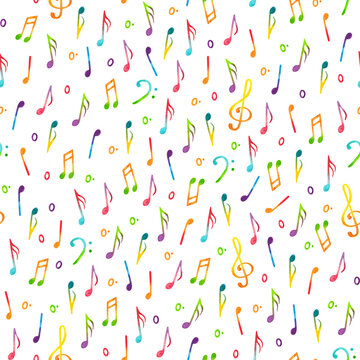 Seamless pattern of watercolor isolated illustrations of notes, treble clef, bass clef in rainbow colors 