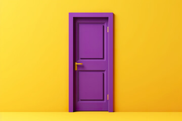 Realistic illustration of a closed purple door on a yellow wall. Home decor in yellow and purple. Residential decoration concept with closed door. Generative AI