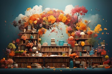 An abstract, fantastic library, a shelf with books among flowers against a sky with clouds. Generation AI