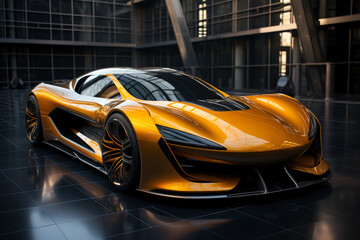 Futuristic concept car in garage on dark background, expensive exclusive sports auto