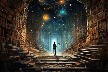 A man, a reader, in an unusual, fantastic library with high shelves in an unusual fantastic hall. Generation  AI - obrazy, fototapety, plakaty