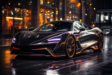 Futuristic sports super concept car on the street of the night city, street racing on expensive exclusive luxury auto © staras