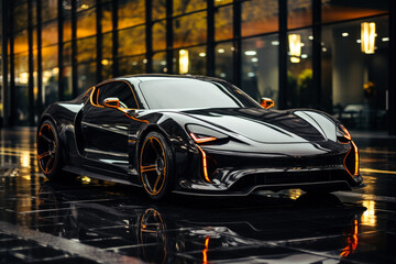 Futuristic sports super concept car on the street of the night city, street racing on expensive exclusive luxury auto