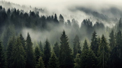 Panorama banner featuring a breathtaking and mystical landscape of rising fog amidst the forest trees in the enchanting Black Forest (Schwarzwald), Germany. - obrazy, fototapety, plakaty