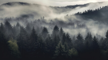 Panorama banner featuring a breathtaking and mystical landscape of rising fog amidst the forest trees in the enchanting Black Forest (Schwarzwald), Germany.