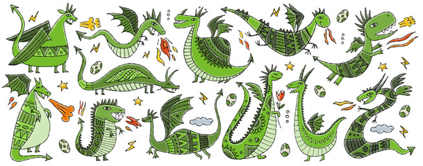 Collection of 12 Dragons isolated on white, horizontal banner. Symbol of Chinese New Year 2024. Vector illustration