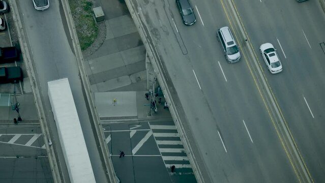 Aerial View of Gardiner Expressway and Street Intersection with Traffic and Pedestrians, Toronto, Canada, 4K