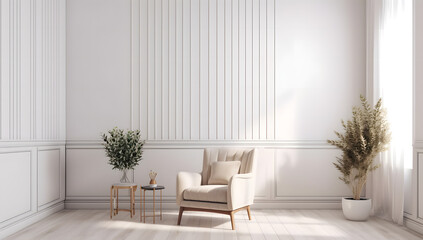 Living room interior with armchairs in the room. Sofa, pillows, green plaid, lamp, and fiddle leaf tree in wicker basket on white wall background Scandinavian style, Generative Ai