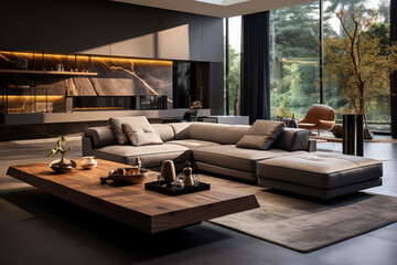 Modern style living room with large window and luxury furniture