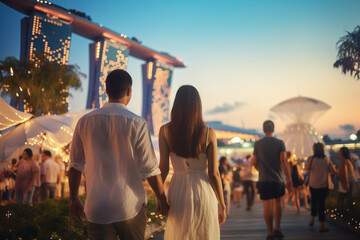 Young couple traveling and walking in Singapore. City in background. Man and woman view from behind. Sunset summer background. Generative AI