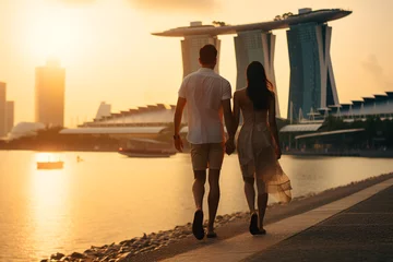 Fotobehang Young couple traveling and walking in Singapore. City in background. Man and woman view from behind. Sunset summer background. Generative AI © Rytis