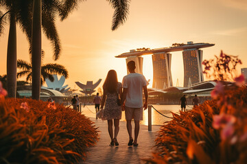 Young couple traveling and walking in Singapore. City in background. Man and woman view from behind. Sunset summer background. Generative AI - obrazy, fototapety, plakaty