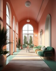 Conceptual 3d render of a designer room, lounge, minimalist style, concept with calm colors and round architecture.
