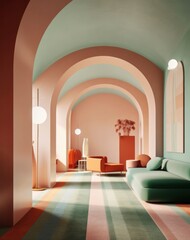 Conceptual 3d render of a designer room, lounge, minimalist style, concept with calm colors and round architecture.