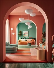 Conceptual 3d render of a designer room, lounge, minimalist style, concept with calm colors and round architecture.