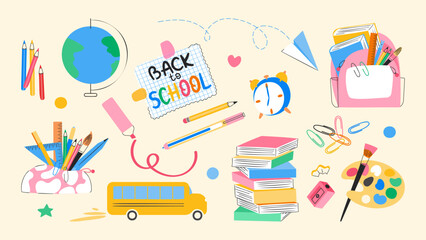 School supplies and stationery set. Backpack and pencil case, stack of books, writing tools, yellow bus. Education, back to school concept. Vector illustration isolated on background