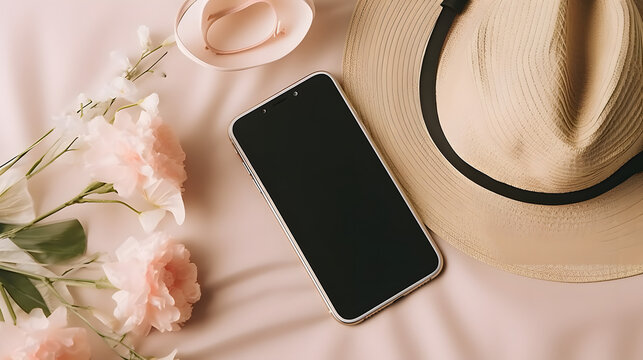 Flatlay mobile phone. Aesthetic elegant blog, online shopping, online store, social media branding template with blank copy space. Fashion composition with female clothes and accessories