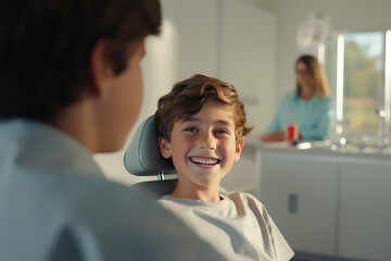 Happy beautiful school-aged child boy sits in a dentist's office in a dental chair and smiles. Concept of children's dentistry, dentist for the youngest patients.