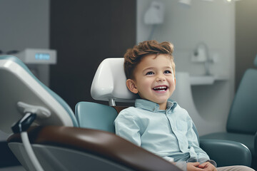 Happy beautiful school-aged child boy sits in a dentist's office in a dental chair and smiles. Concept of children's dentistry, dentist for the youngest patients. - obrazy, fototapety, plakaty