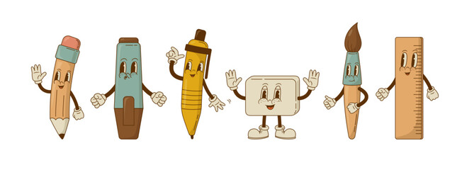 Set of retro cartoon funny school supplies characters. Pen, pencil, eraser, ruler, paint brush, mascot. Vintage groovy stationery vector illustration. Office supply