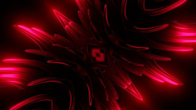 Spinning object with neon thorns on a black background. Design. Abstract blades with sharp tips.