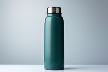 Green thermos on a light uniform background