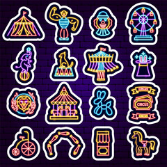 Circus Show Neon Stickers. Vector Illustration of Entertainment Festival Glowing Concept.