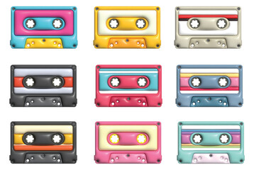 Vintage cassette. Retro mixtape, 1980s pop song cassettes and stereo music cassettes. Set of 3D illustration. Disco dance audio cassette, record cassette. Vintage cassette tape. 3D illustration